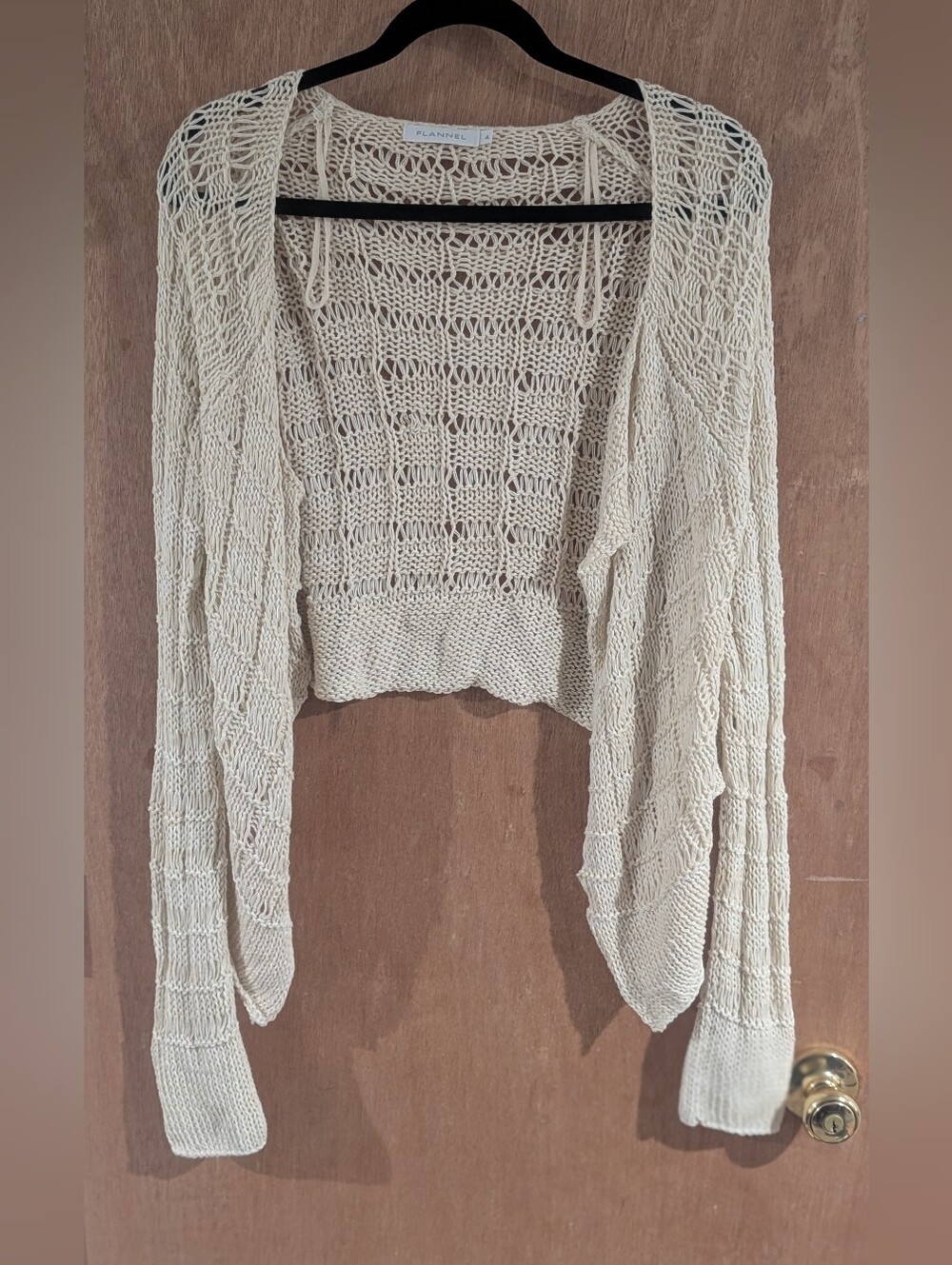 Flannel Open Knit Cropped Cardigan Sweater - Cream